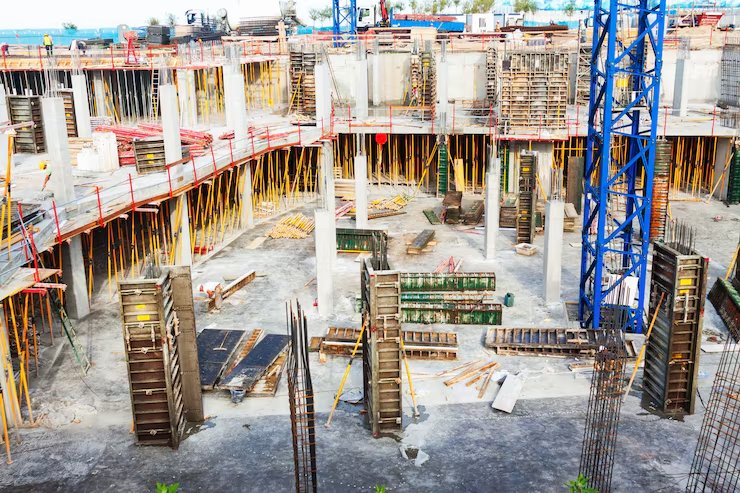 Obra de construcción de infraestructura industrial con encofrados, estructura de concreto y grúa torre.