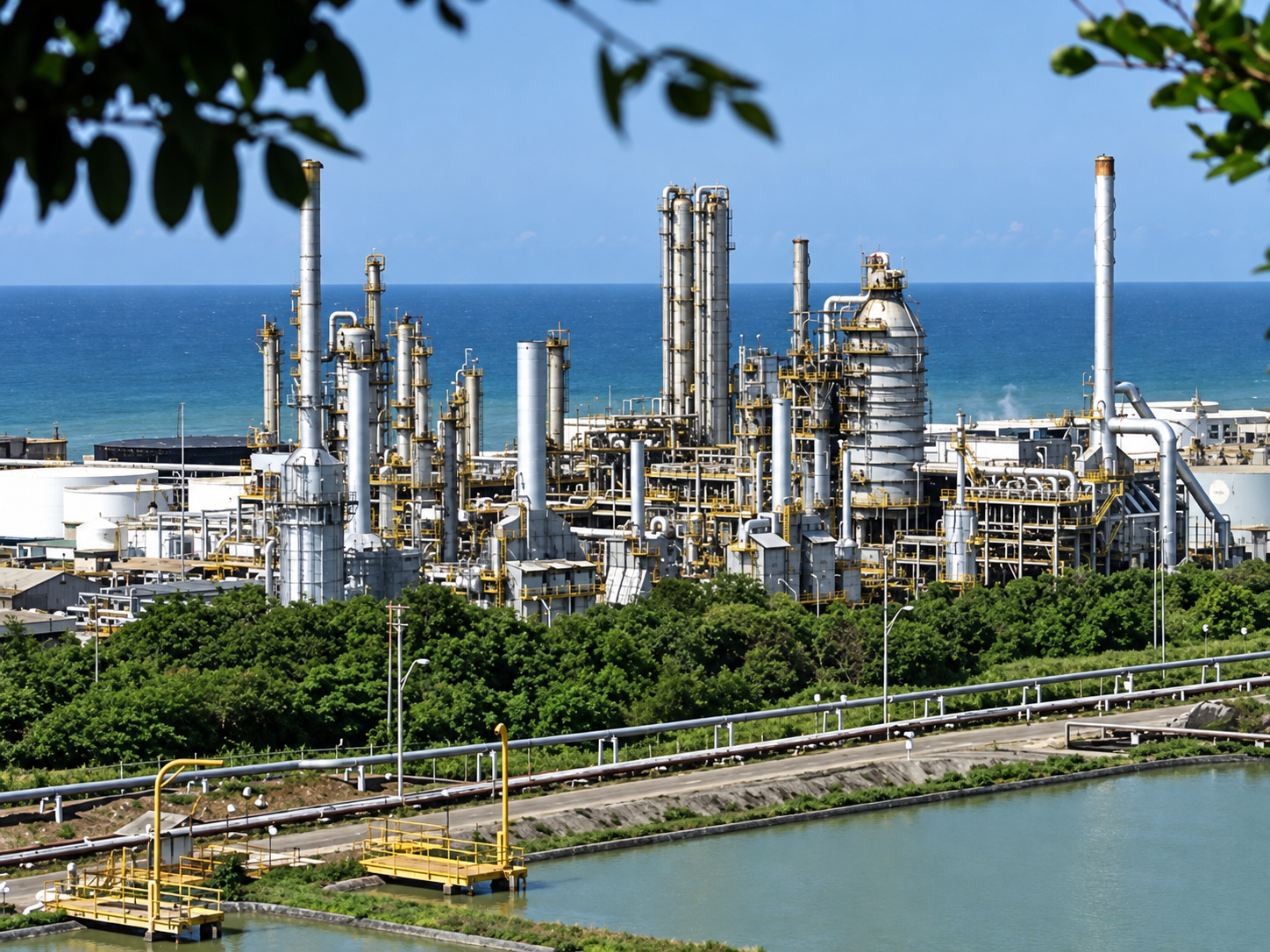 Refinería costera con instalaciones industriales frente al mar