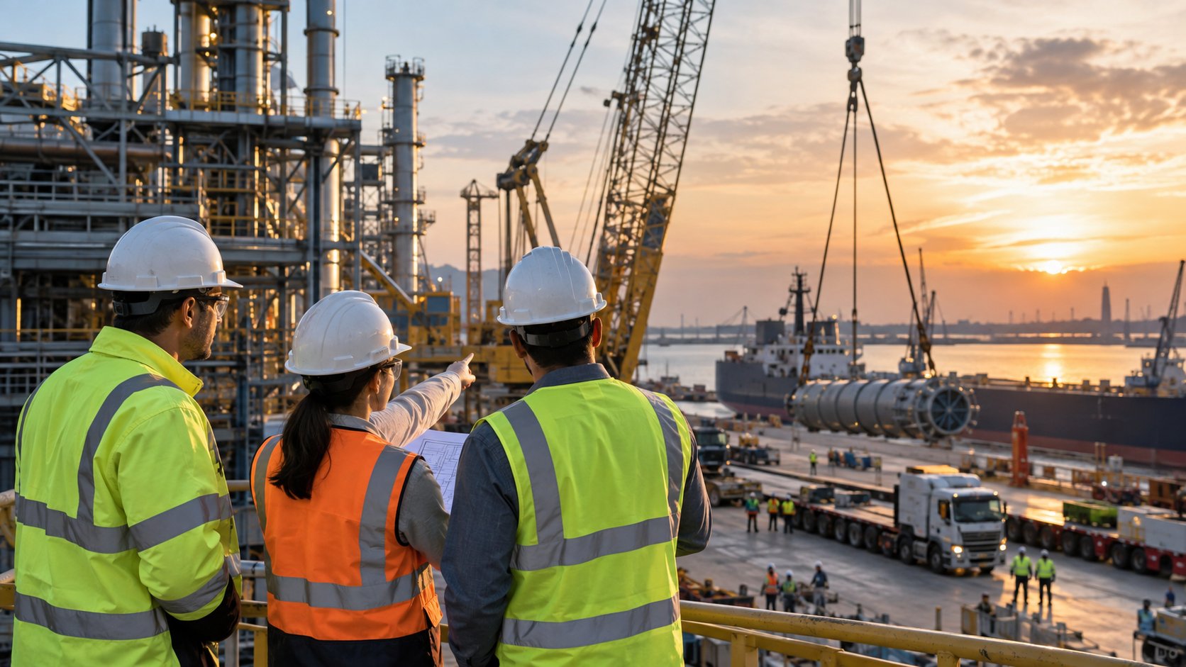 Equipo técnico con casco supervisando la movilización de equipos pesados en un puerto industrial.